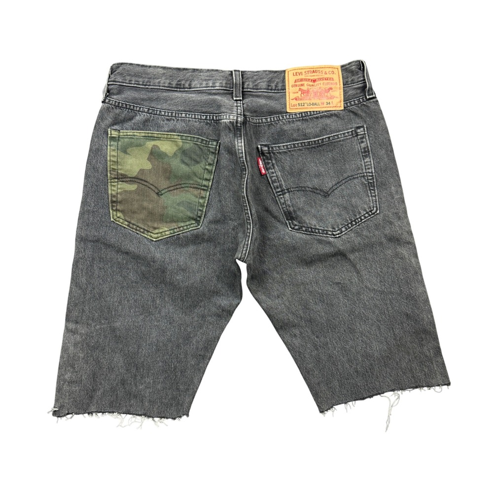 Levis Premium 512 Lo-Ball Men 34 Black Denim Jean Short Camo Pocket Cut Off Jort